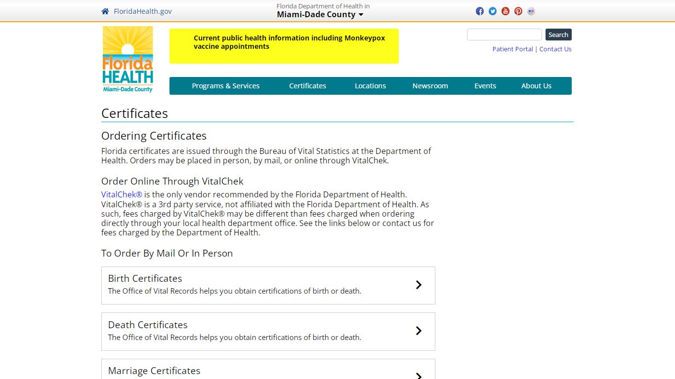 Certificates | Florida Department of Health in Miami-Dade
