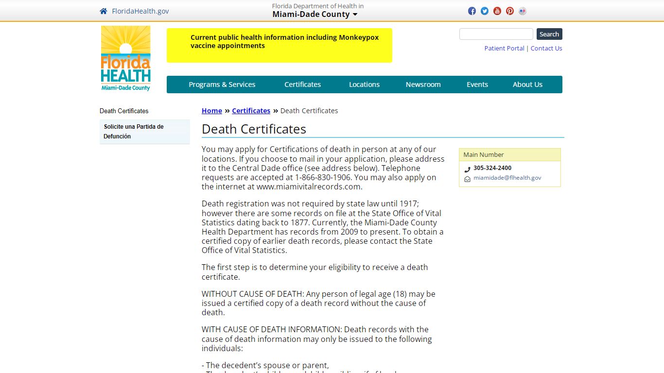 Death Certificates | Florida Department of Health in Miami ...